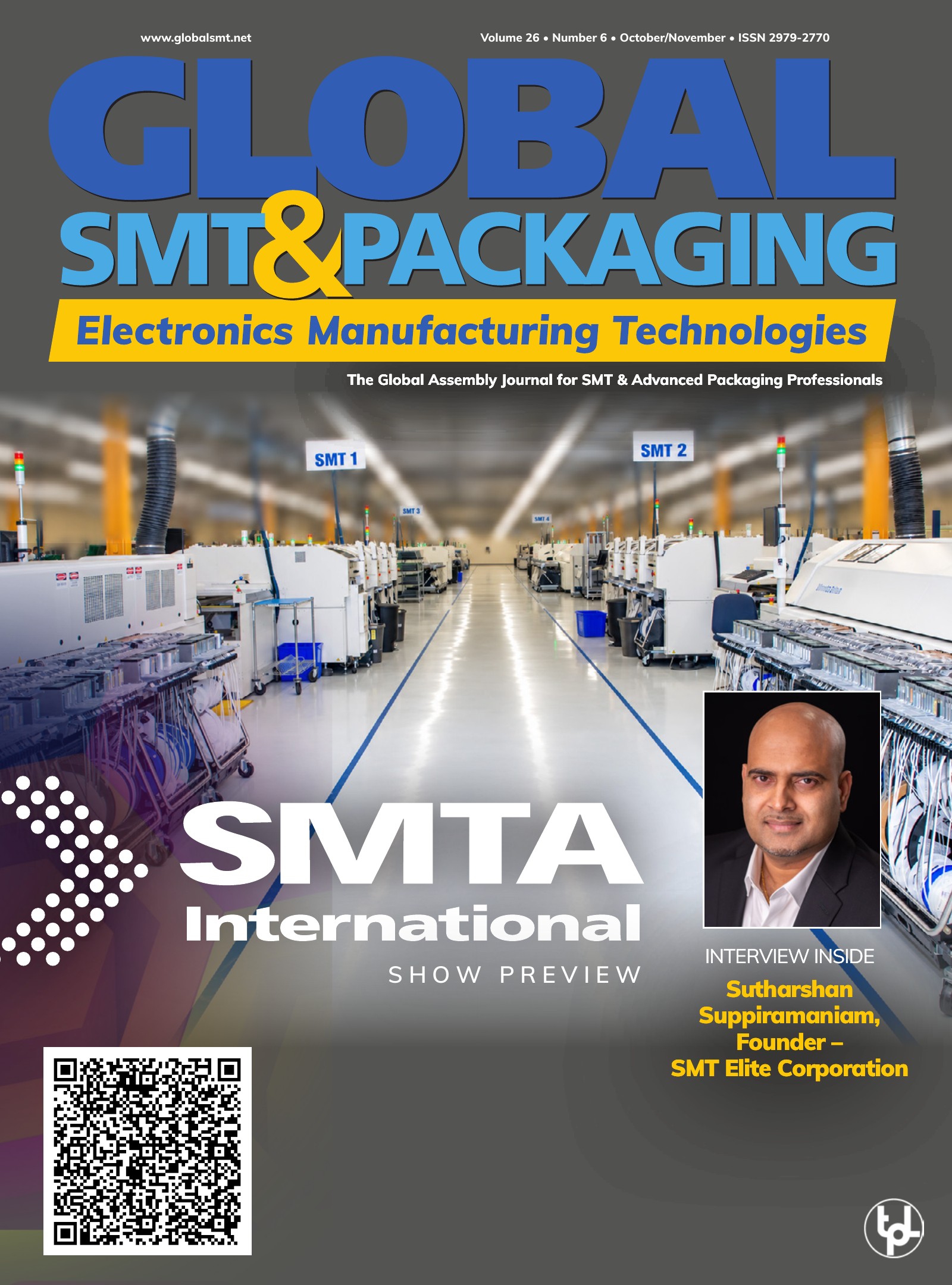 Global SMT & Packaging, October/November 2026 cover, featuring SMT Elite founder Sutharshan Suppiramaniam
